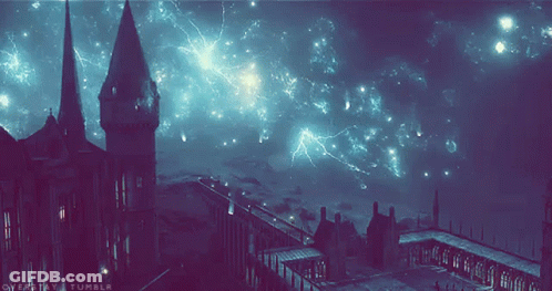 A Picture Of A Castle With Lightning And The Words Overcity Tumblr On The Bottom Right GIF