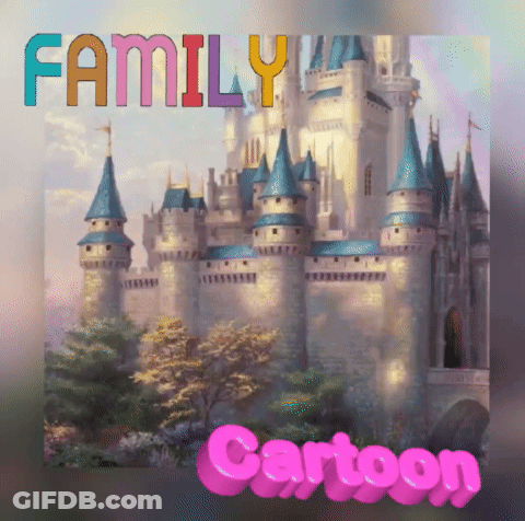 A Picture Of A Castle With The Words Family Cartoon Written Above It GIF