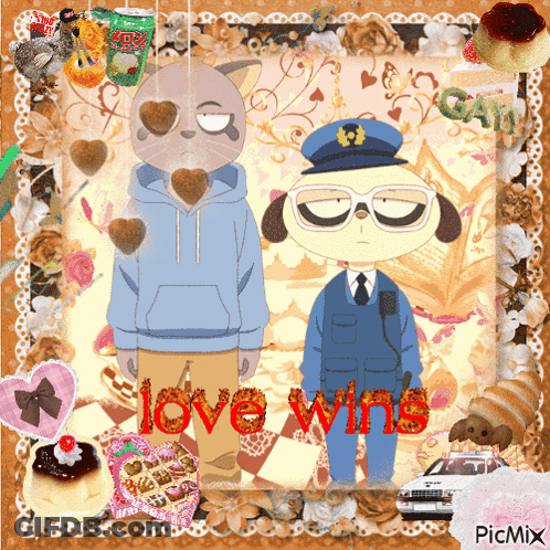 A Picture Of A Cat And A Police Officer With The Words Love Wins Written On It GIF