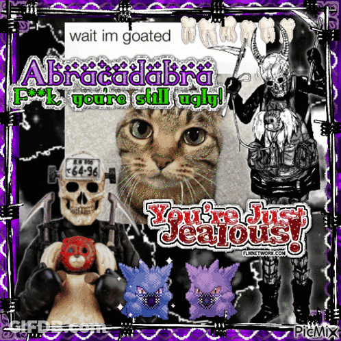 A Picture Of A Cat And A Skeleton With The Caption " Wait Im Goated Abracadabra " GIF