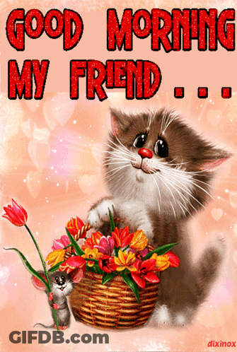 A Picture Of A Cat Holding A Basket Of Flowers With The Words " Good Morning My Friend " Above It GIF