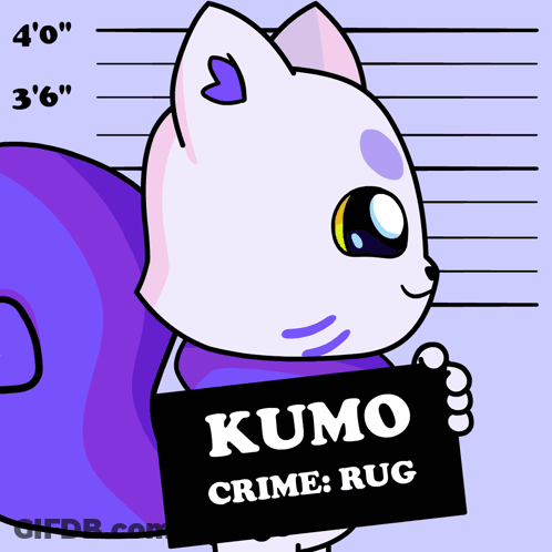 A Picture Of A Cat Holding A Sign That Says Kumo Crime Rug GIF