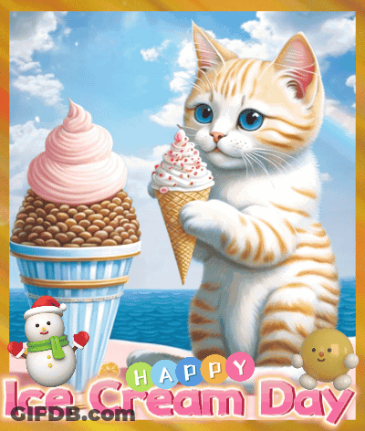 A Picture Of A Cat Holding An Ice Cream Cone With The Words Happy Ice Cream Day GIF