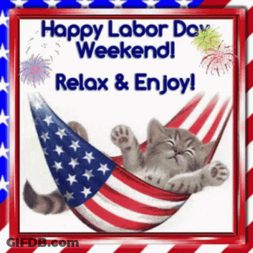A Picture Of A Cat Laying In A Hammock With The Words Happy Labor Day Weekend Relax And Enjoy GIF