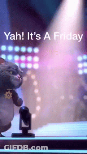 A Picture Of A Cat On A Stage With The Words " Yah ! It 'S A Friday " On The Bottom GIF