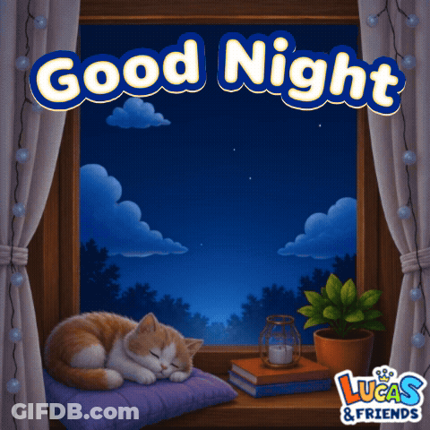A Picture Of A Cat Sleeping In A Window With The Words Good Night GIF
