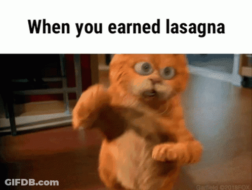 A Picture Of A Cat That Says When You Earned Lasagna On It GIF