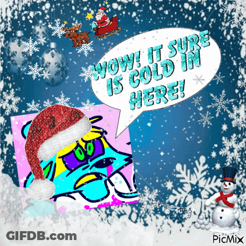A Picture Of A Cat Wearing A Santa Hat And A Speech Bubble That Says Wow It Sure Is Cold In Here GIF