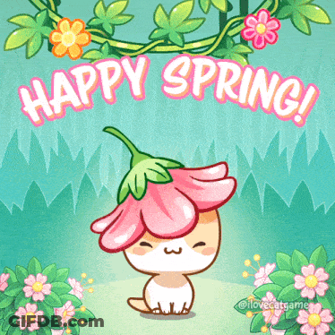 A Picture Of A Cat With A Flower On Its Head And The Words Happy Spring GIF