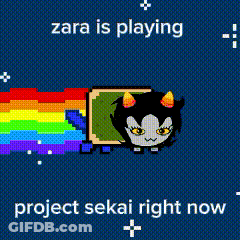 A Picture Of A Cat With A Rainbow Behind It And The Words " Zara Is Playing Project Sekai Right Now " GIF