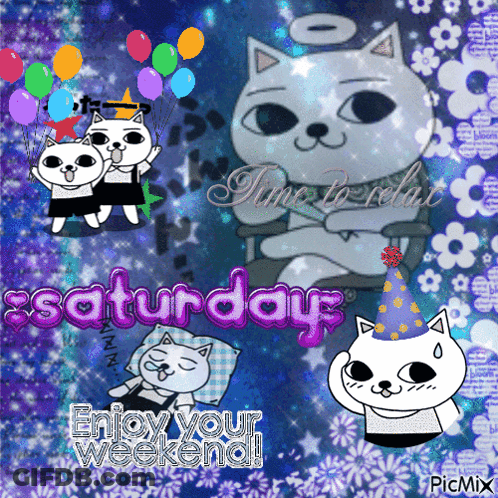 A Picture Of A Cat With Balloons And The Words Saturday GIF