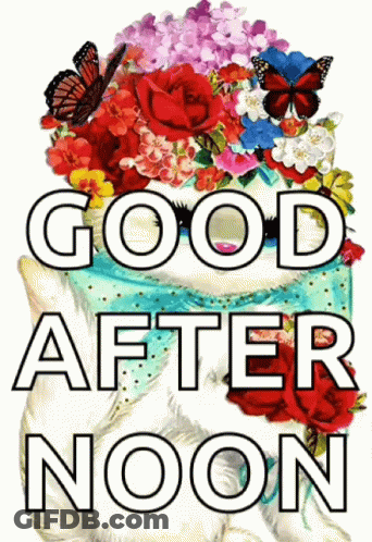 A Picture Of A Cat With Flowers On Its Head And The Words Good After Noon GIF