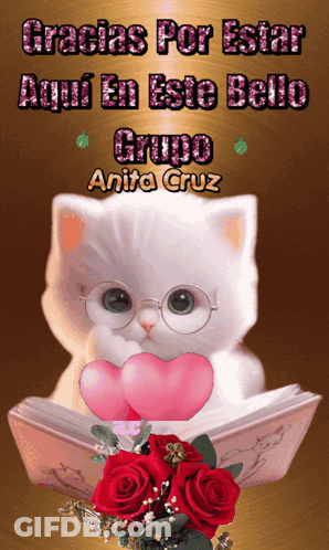 A Picture Of A Cat With Glasses Holding A Heart And The Words Gracias Por Estar Aqui En Este Bello Grupo Anita Cruz GIF