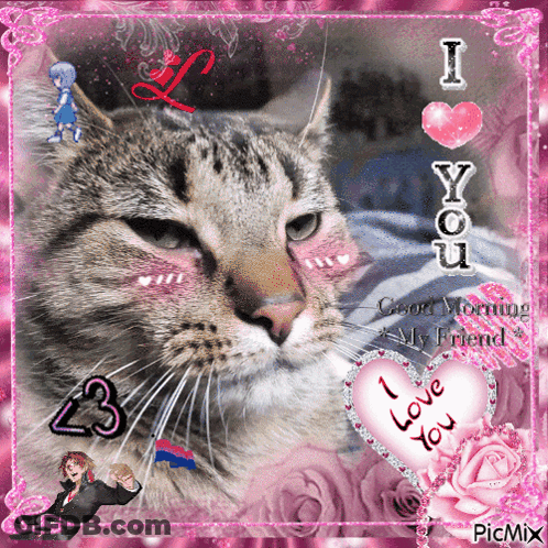 A Picture Of A Cat With Hearts And The Words I Love You GIF