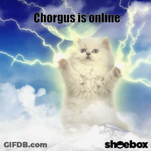 A Picture Of A Cat With Lightning And The Words " Chorus Is Online " GIF