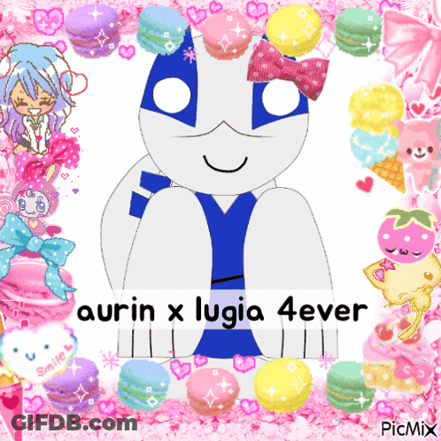 A Picture Of A Cat With The Words Aurin X Lugia 4Ever On The Bottom GIF