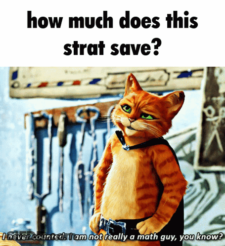 A Picture Of A Cat With The Words How Much Does This Strat Save GIF