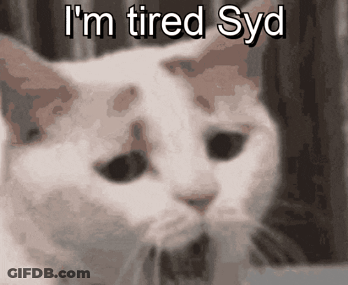 A Picture Of A Cat With The Words I 'M Tired Syd GIF