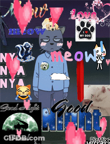 A Picture Of A Cat With The Words Meow Nya Nya And Good Night GIF