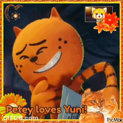 A Picture Of A Cat With The Words " Petey Loves Yuni " On It GIF
