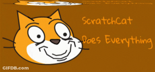 A Picture Of A Cat With The Words Scratchcat Does Everything GIF