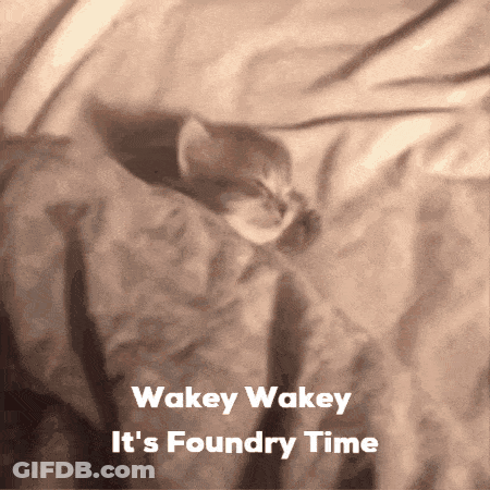 A Picture Of A Cat With The Words Wakey Wakey It 'S Foundry Time On It GIF