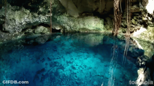 A Picture Of A Cave With A Pool Of Blue Water And The Word Toxopia On The Bottom GIF