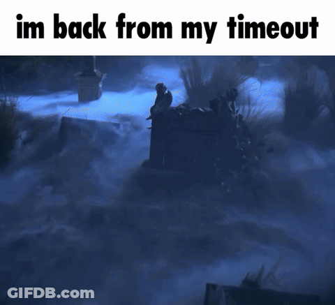 A Picture Of A Cemetery With The Words Im Back From My Timeout On The Bottom GIF