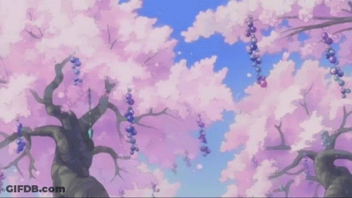 A Picture Of A Cherry Blossom Tree With Aurora 'S Written In Pink GIF