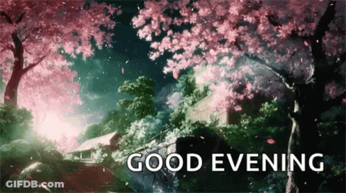 A Picture Of A Cherry Blossom Tree With The Words `` Good Evening '' Written Below It . GIF