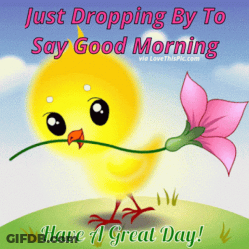 A Picture Of A Chick Holding A Flower With The Words Just Dropping By To Say Good Morning Have A Great Day GIF