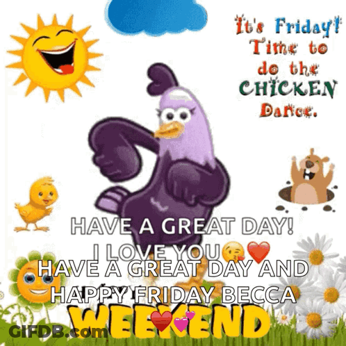 A Picture Of A Chicken Dancing With The Words " It 'S Friday Time To Do The Chicken Dance " On It GIF