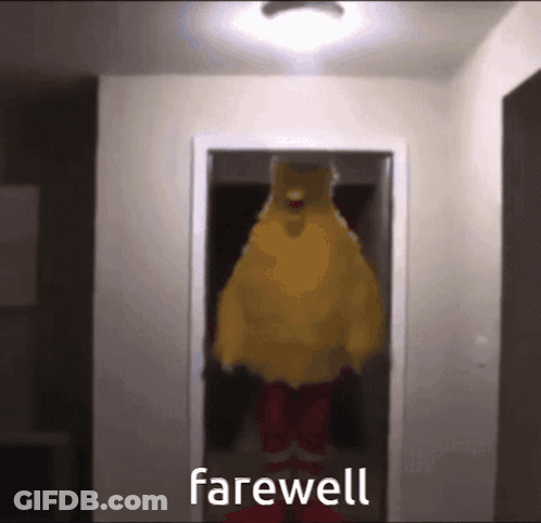 A Picture Of A Chicken In A Doorway With Farewell Written Below It GIF