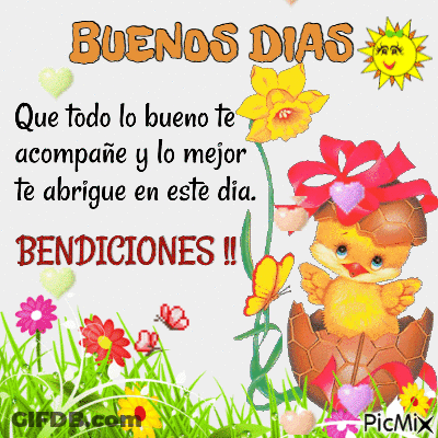 A Picture Of A Chicken With Flowers And The Words Buenos Dias Benedictions GIF
