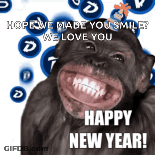A Picture Of A Chimpanzee Smiling With The Words Happy New Year GIF