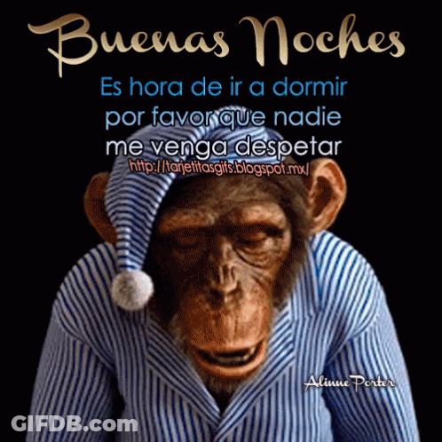 A Picture Of A Chimpanzee Wearing Pajamas And A Hat With The Words Buenas Noches Written On It GIF