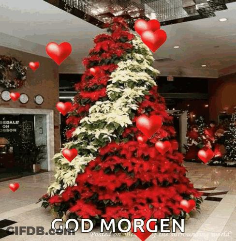 A Picture Of A Christmas Tree With Hearts And The Words God Morgen Written Below It GIF