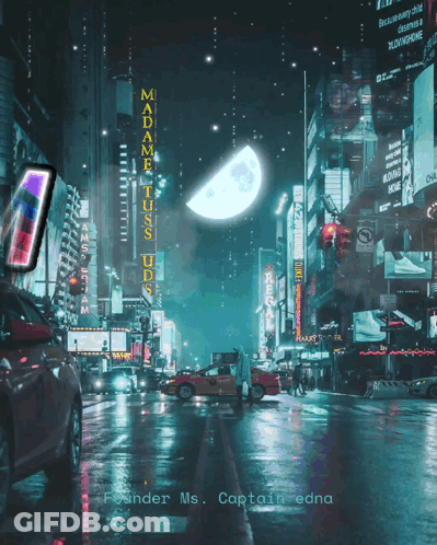 A Picture Of A City At Night With A Sign That Says Madame Tussauds On It GIF
