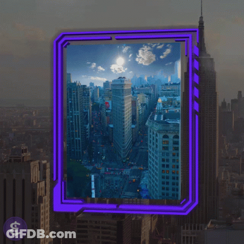 A Picture Of A City In A Purple Frame With A Dollar Sign GIF