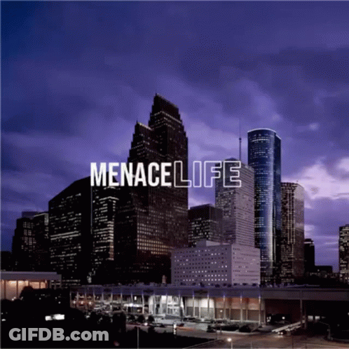 A Picture Of A City Skyline At Night With The Words Menacelife Above It GIF