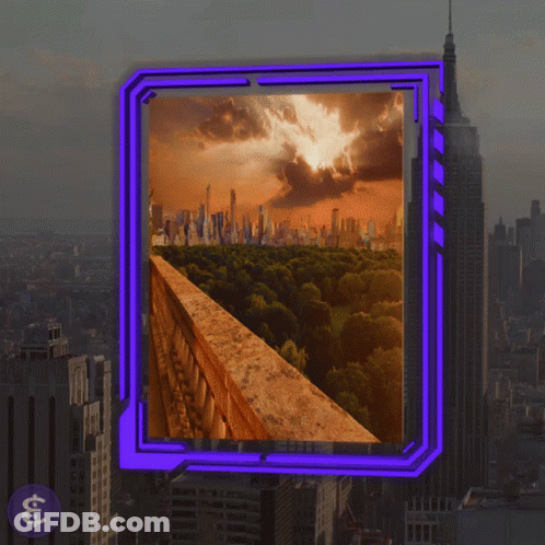 A Picture Of A City Skyline With A Purple Frame Around It GIF