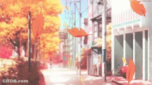 A Picture Of A City Street With Leaves Falling From The Trees With The Hashtag Escarletes GIF