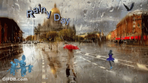A Picture Of A City Street With The Words Rainy Day Written On The Window GIF