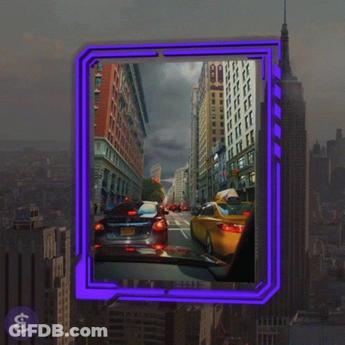 A Picture Of A City With A Purple Frame And A Sign That Says ' Uc ' On It GIF