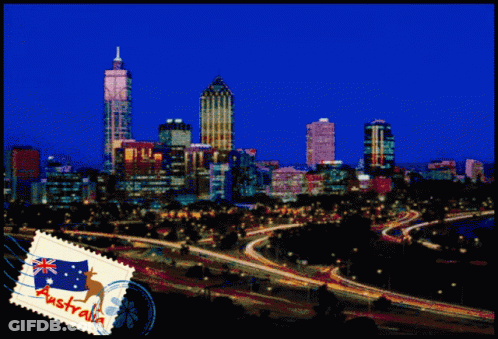 A Picture Of A City With A Stamp That Says Australia On It GIF
