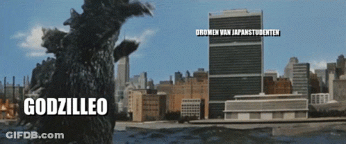 A Picture Of A City With Godzilleo Written On The Bottom GIF