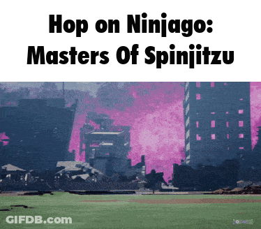 A Picture Of A City With The Words " Hop On Ninjago Masters Of Spinjitzu " GIF