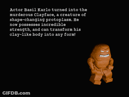 A Picture Of A Clay Figure With A Caption That Says " Actor Basil Karlo Turned Into The Murderous Clayface GIF