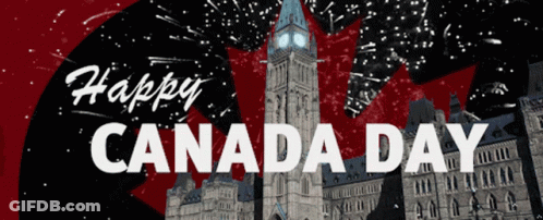 A Picture Of A Clock Tower With The Words Happy Canada Day GIF