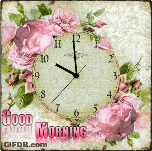 A Picture Of A Clock With Pink Flowers And The Words Good Morning GIF
